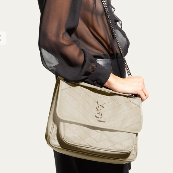 Yves Saint Laurent Handbags - Saint Laurent Niki Medium Flap YSL Shoulder Bag in White‎ Crinkled Leather